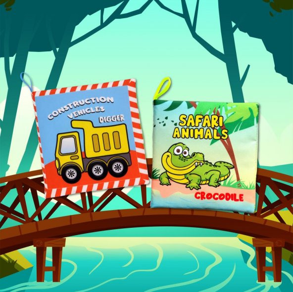 2 Kitapİngilizce İş Makinaları ve Safari Hayvanları Kumaş Sessiz Kitap E118 E130 - Bez Kitap - Resim 5