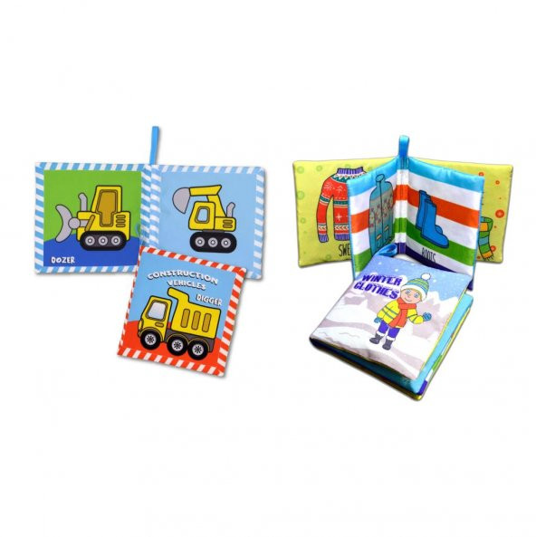 2 Kitapİngilizce İş Makinaları ve Kışlık Giysiler Kumaş Sessiz Kitap E118 E124 - Bez Kitap - 3