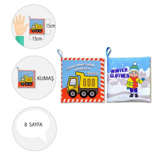 2 Kitapİngilizce İş Makinaları ve Kışlık Giysiler Kumaş Sessiz Kitap E118 E124 - Bez Kitap - 4