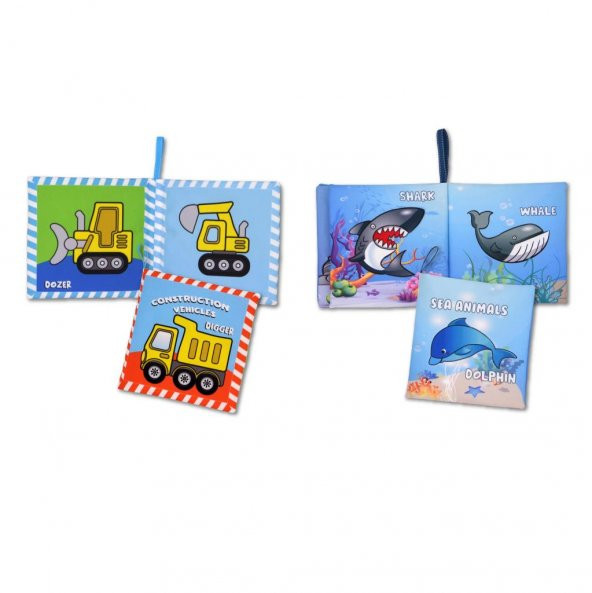 2 Kitapİngilizce İş Makinaları ve Deniz Canlıları Kumaş Sessiz Kitap E118 E122 - Bez Kitap - 3