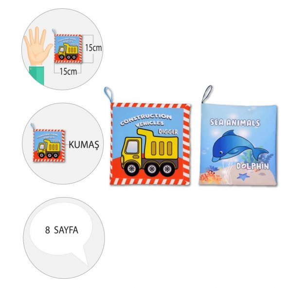2 Kitapİngilizce İş Makinaları ve Deniz Canlıları Kumaş Sessiz Kitap E118 E122 - Bez Kitap - 4