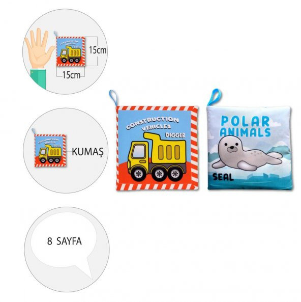 2 Kitapİngilizce İş Makinaları ve Kutup Hayvanları Kumaş Sessiz Kitap E118 E125 - Bez Kitap - Resim 4