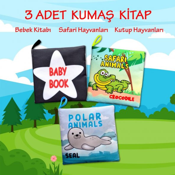 3 Kitapİngilizce Siyah-Beyaz Bebek , Safari ve Kutup Hayvanları Kumaş Sessiz Kitap E125 E130 E136 - Bez Kitap - 2