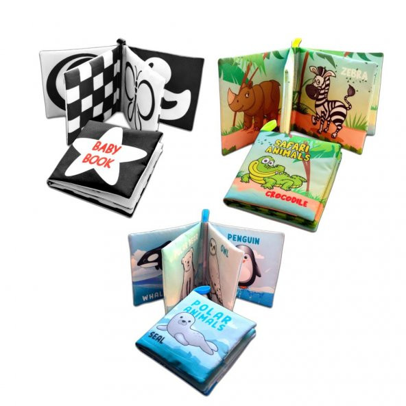3 Kitapİngilizce Siyah-Beyaz Bebek , Safari ve Kutup Hayvanları Kumaş Sessiz Kitap E125 E130 E136 - Bez Kitap - 3