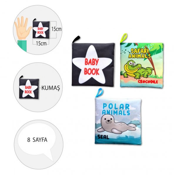3 Kitapİngilizce Siyah-Beyaz Bebek , Safari ve Kutup Hayvanları Kumaş Sessiz Kitap E125 E130 E136 - Bez Kitap - 4
