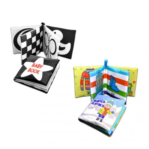 2 Kitapİngilizce Siyah-Beyaz Bebek ve Kışlık Giysiler Kumaş Sessiz Kitap E136 E124 - Bez Kitap - 3