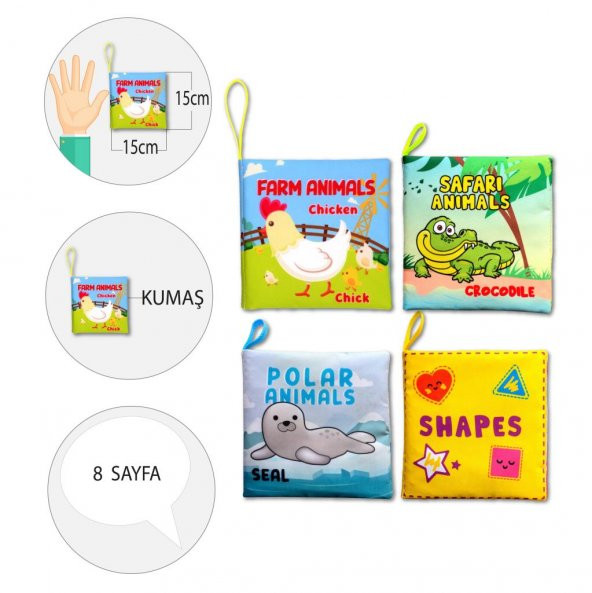 4 Kitapİngilizce Şekiller , Çiftlik , Safari ve Kutup Hayvanları Kumaş Sessiz Kitap E119 E125 E130 E131 - Bez Kitap - Resim 4