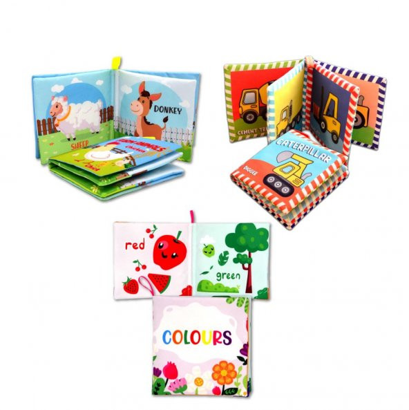 3 Kitapİngilizce Çiftlik Hayvanları , Renkler ve İş Makinaları Kumaş Sessiz Kitap E119 E118 E129 - Bez Kitap - Resim 3