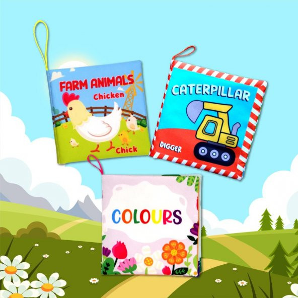 3 Kitapİngilizce Çiftlik Hayvanları , Renkler ve İş Makinaları Kumaş Sessiz Kitap E119 E118 E129 - Bez Kitap - Resim 5