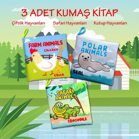 3 Kitapİngilizce Çiftlik Hayvanları , Kutup ve Safari Hayvanları Kumaş Sessiz Kitap E119 E125 E130 - Bez Kitap - 2