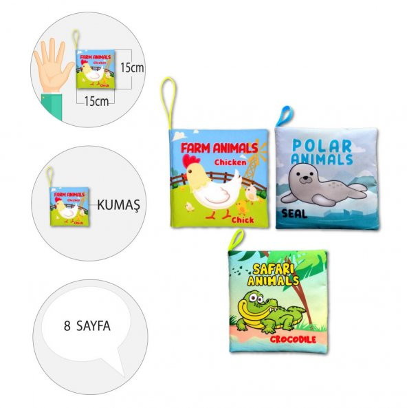 3 Kitapİngilizce Çiftlik Hayvanları , Kutup ve Safari Hayvanları Kumaş Sessiz Kitap E119 E125 E130 - Bez Kitap - 4