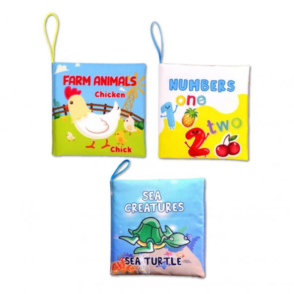 3 Kitapİngilizce Çiftlik Hayvanları , Deniz Canlıları ve Rakamlar Kumaş Sessiz Kitap E119 E122 E128 - Bez Kitap ürün görseli 1