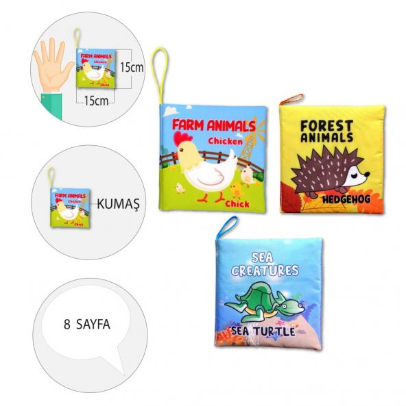 3 Kitapİngilizce Deniz Canlıları , Çiftlik ve Orman Hayvanları Kumaş Sessiz Kitap E119 E127 E128 - Bez Kitap - Resim 4