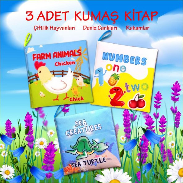 3 Kitapİngilizce Çiftlik Hayvanları , Deniz Canlıları ve Rakamlar Kumaş Sessiz Kitap E119 E122 E128 - Bez Kitap - Resim 2