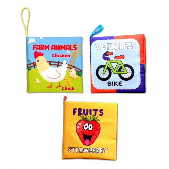 3 Kitapİngilizce Çiftlik Hayvanları, Taşıtlar ve Meyveler Kumaş Sessiz Kitap E119 E132 E126 - Bez Kitap ürün görseli 1