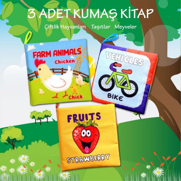 3 Kitapİngilizce Çiftlik Hayvanları, Taşıtlar ve Meyveler Kumaş Sessiz Kitap E119 E132 E126 - Bez Kitap - Resim 2