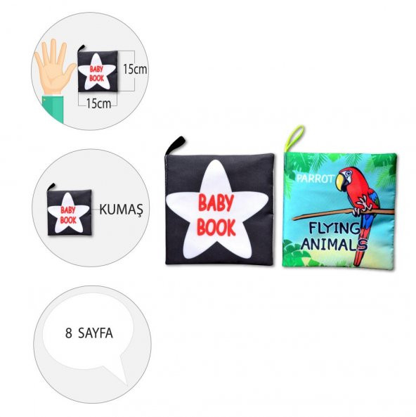 2 Kitapİngilizce Siyah-Beyaz Bebek ve Uçan Hayvanlar Kumaş Sessiz Kitap E136 E133 - Bez Kitap - Resim 4