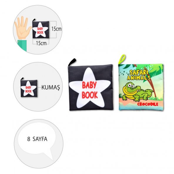 2 Kitapİngilizce Siyah-Beyaz Bebek ve Safari Hayvanları Kumaş Sessiz Kitap E136 E130 - Bez Kitap - Resim 4