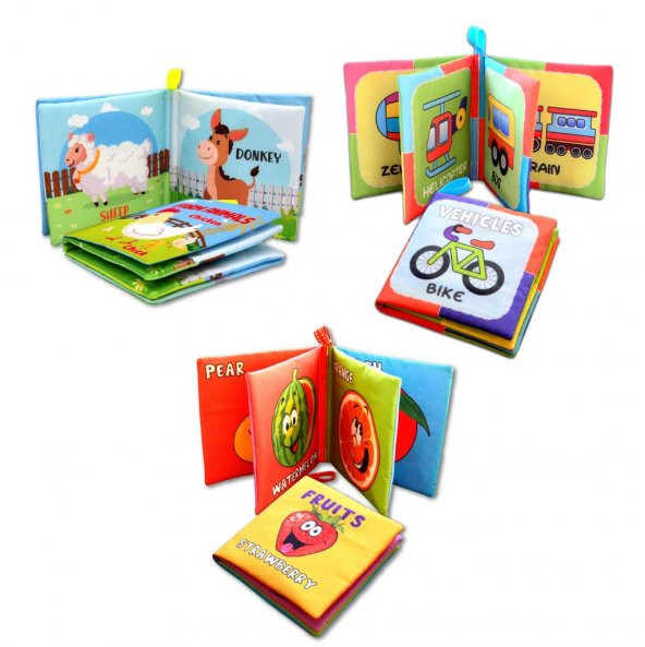 3 Kitapİngilizce Çiftlik Hayvanları, Taşıtlar ve Meyveler Kumaş Sessiz Kitap E119 E132 E126 - Bez Kitap - Resim 3