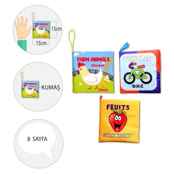 3 Kitapİngilizce Çiftlik Hayvanları, Taşıtlar ve Meyveler Kumaş Sessiz Kitap E119 E132 E126 - Bez Kitap - Resim 4