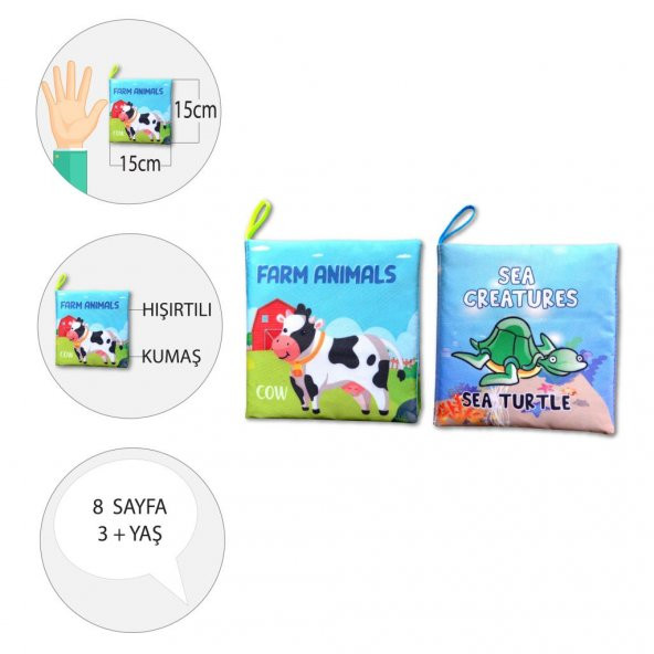 2 Kitapİngilizce Çiftlik Hayvanları ve Deniz Canlıları Kumaş Sessiz Kitap E122 E119 - Bez Kitap - 4