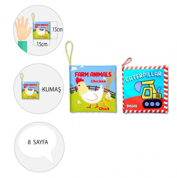 2 Kitapİngilizce Çiftlik Hayvanları ve İş Makinaları Kumaş Kumaş Sessiz Kitap E119 E118 - Bez Kitap - 4
