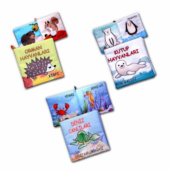 3 Kitap Orman, Deniz ve Kutup Hayvanları Kumaş Sessiz Kitap - 3