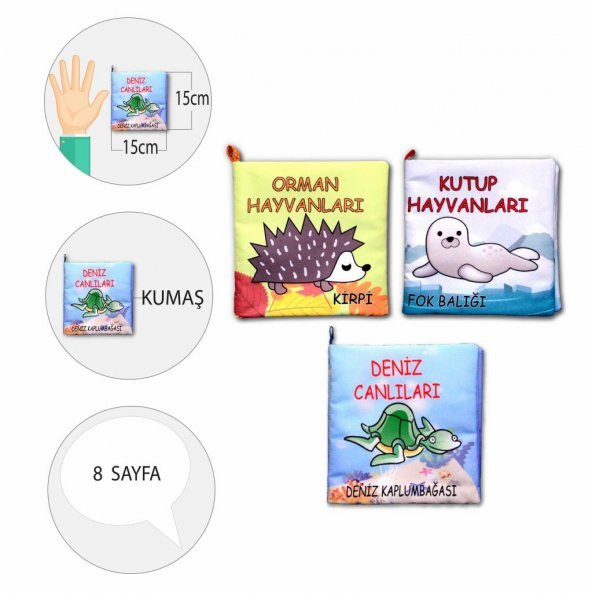 3 Kitap Orman, Deniz ve Kutup Hayvanları Kumaş Sessiz Kitap - 4