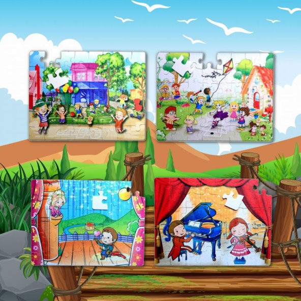 4 Set - 96 Parça  Oyun Parkı ve Sahne 5+ Keçe Yapboz - 5 Yaş Puzzle T019 T040 - 5