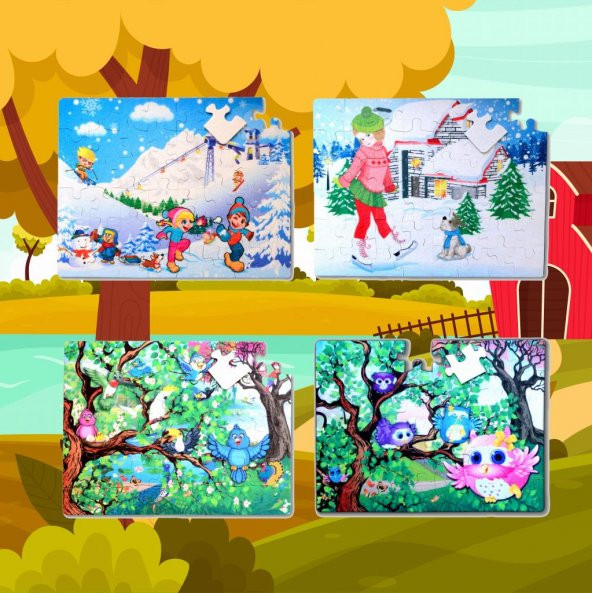 4 Set - 96 Parça  Kış ve Baykuş 5+ Keçe Yapboz - 5 Yaş Puzzle T014 T017 - 5