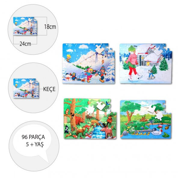 4 Set - 96 Parça  Orman ve Kış 5+ Keçe Yapboz - 5 Yaş Puzzle T014 T015 - 4