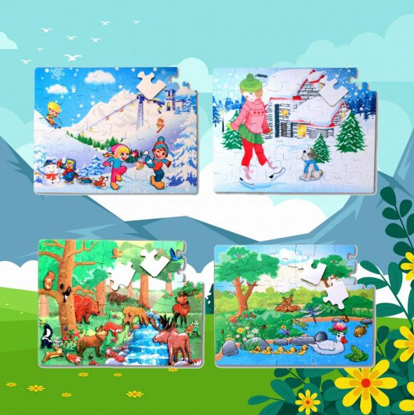 4 Set - 96 Parça  Orman ve Kış 5+ Keçe Yapboz - 5 Yaş Puzzle T014 T015 - 5