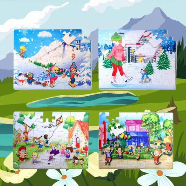 4 Set - 96 Parça  Kış ve Oyun Parkı 5+ Keçe Yapboz - 5 Yaş Puzzle T040 T014 - 5