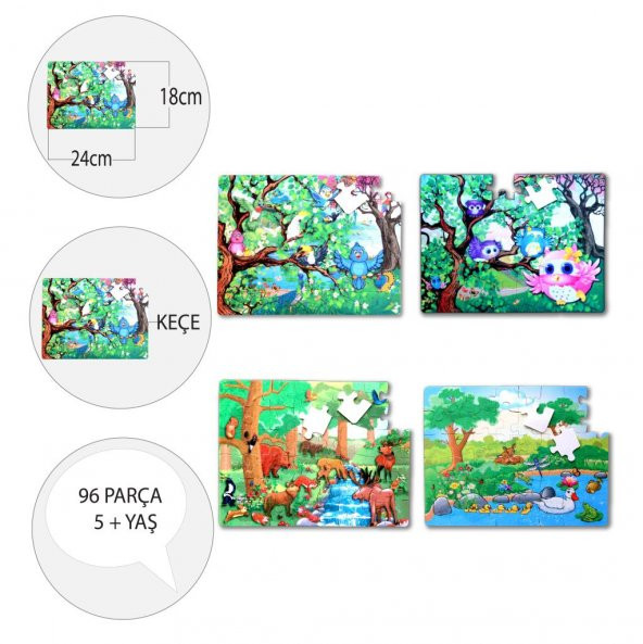 4 Set - 96 Parça  Orman ve Baykuş 5+ Keçe Yapboz - 5 Yaş Puzzle T015 T017 - 4