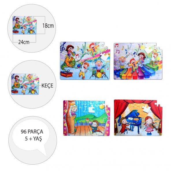 4 Set - 96 Parça  Müzik ve Sahne 5+ Keçe Yapboz - 5 Yaş Puzzle T018 T019 - 4