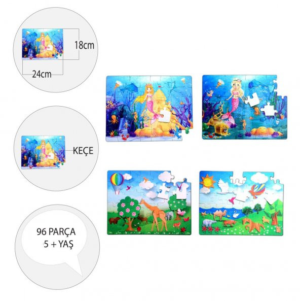 4 Set - 96 Parça  Origami ve Deniz Kızı 5+ Keçe Yapboz - 5 Yaş Puzzle T041 T018 - 4