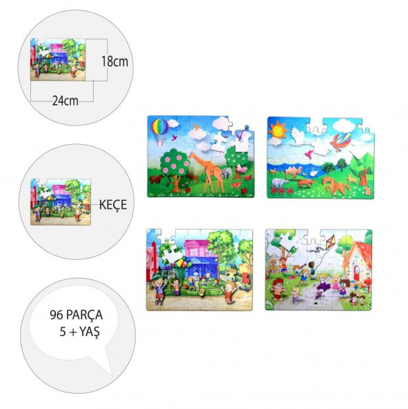 4 Set - 96 Parça  Origami ve Oyun Parkı 5+ Keçe Yapboz - 5 Yaş Puzzle T018 T040 - 4