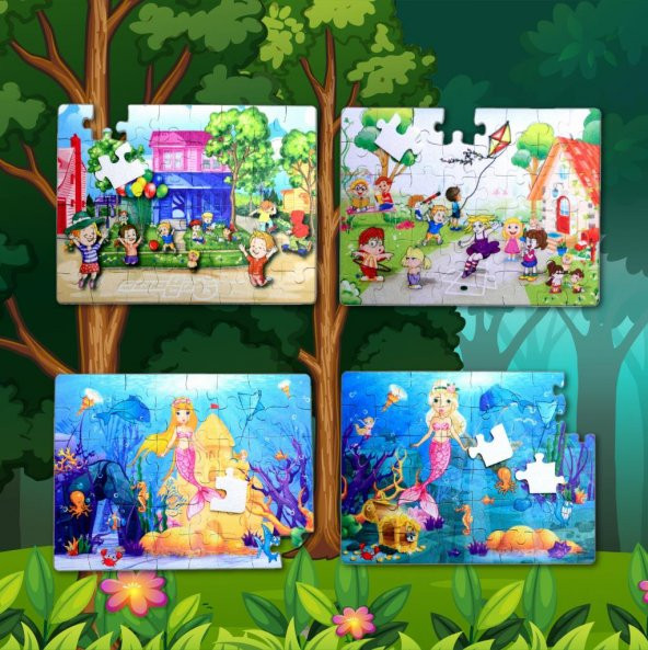 4 Set - 96 Parça  Oyun Parkı ve Deniz Kızı 5+ Keçe Yapboz - 5 Yaş Puzzle T040 T041 - 5