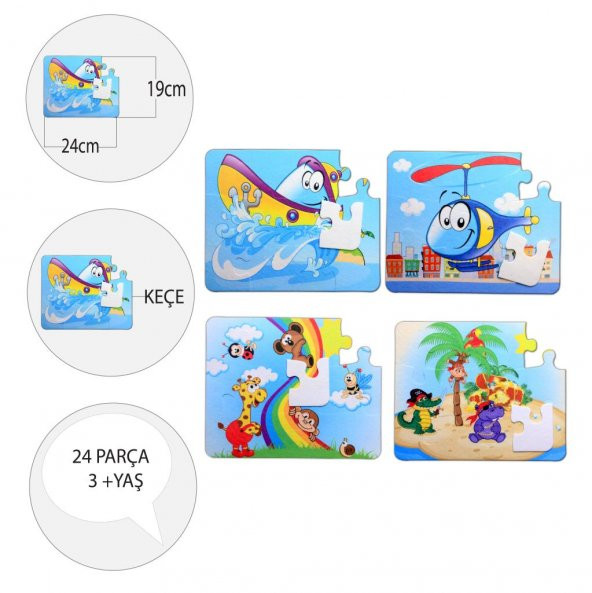 4 Set - 48 Parça  Tekne , Helikopter ve Gökkuşağı 3+ Keçe Yapboz - 3 Yaş Puzzle T005 T042 - Resim 4