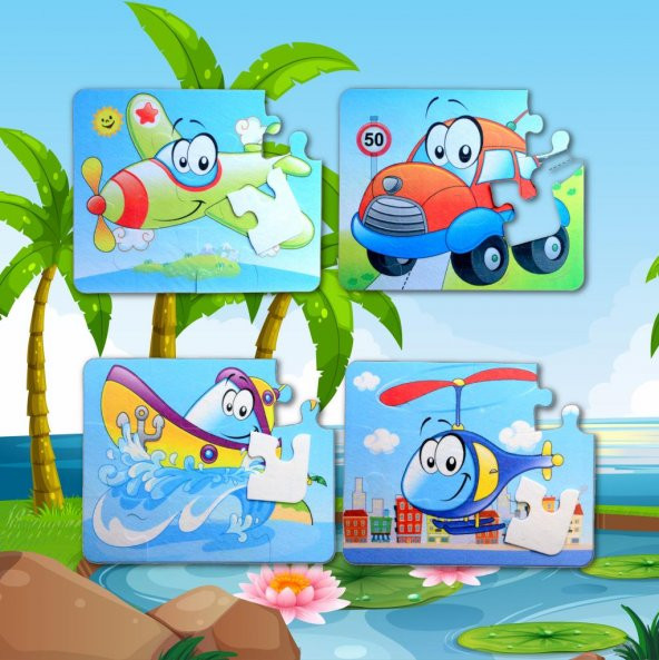 4 Set - 48 Parça  Uçak, Araba, Tekne ve Helikopter 3+ Keçe Yapboz - 3 Yaş Puzzle T004 T005 - 5