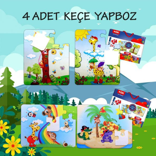4 Set - 48 Parça  Gökkuşağı ve Zürafa 3+ Keçe Yapboz - 3 Yaş Puzzle T043 T042 - 2