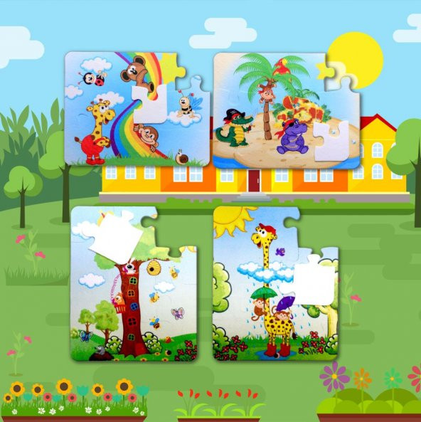 4 Set - 48 Parça  Gökkuşağı ve Zürafa 3+ Keçe Yapboz - 3 Yaş Puzzle T043 T042 - 5