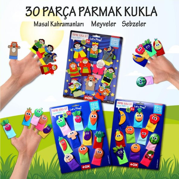 3 Set - 30 Parça  Masal Kahramanları, Meyveler ve Sebzeler Parmak Kukla T105 T104 T225 - 2