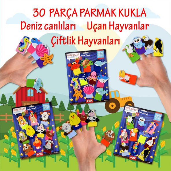 3 Set - 30 Parça  Deniz Canlıları,  Çiftlik ve Uçan Hayvanlar Parmak Kukla T120 T121 T222 - 2