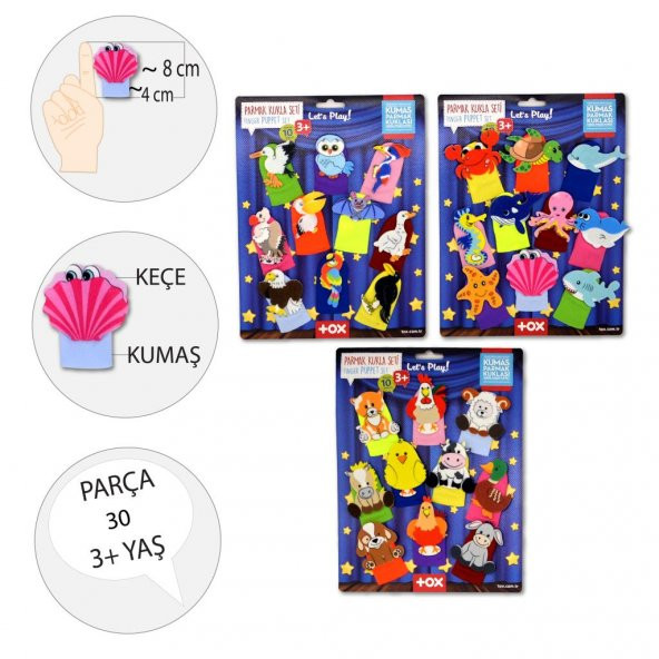3 Set - 30 Parça  Deniz Canlıları,  Çiftlik ve Uçan Hayvanlar Parmak Kukla T120 T121 T222 - 3