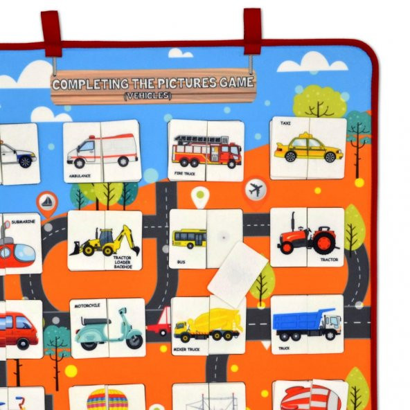 İngilizce Parça-Bütün Taşıtları Eşleştirme Oyunu Keçe Cırtlı Duvar Panosu - Resim 5