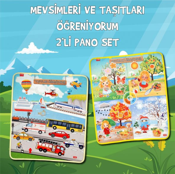 2 Set - 36 Parça  Mevsimler ve Taşıtları Öğreniyorum Keçe Cırtlı Duvar Panoları - Resim 2