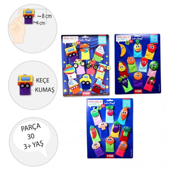 3 Set - 30 Parça  Taşıtlar, Meyveler ve Sebzeler Parmak Kukla T181 T104 T105 - Resim 3