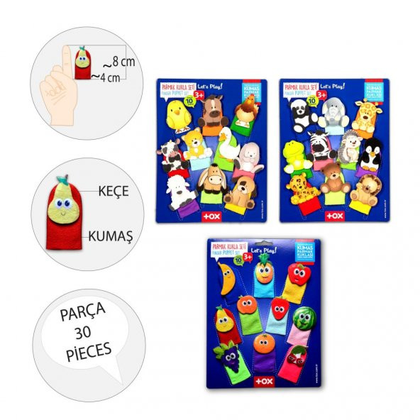 3 Set - 30 Parça  Evcil , Vahşi Hayvanlar ve Meyveler Parmak Kukla T771 T781 T105 - 3