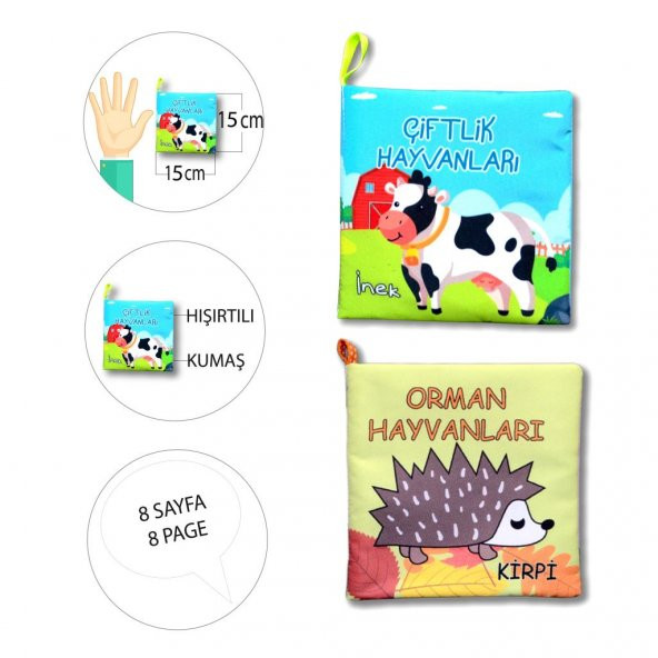 2 Kitap  Çiftlik Hayvanları ve Orman Hayvanlar Kumaş Sessiz Kitap T134 T055 - Bez Kitap - Resim 4